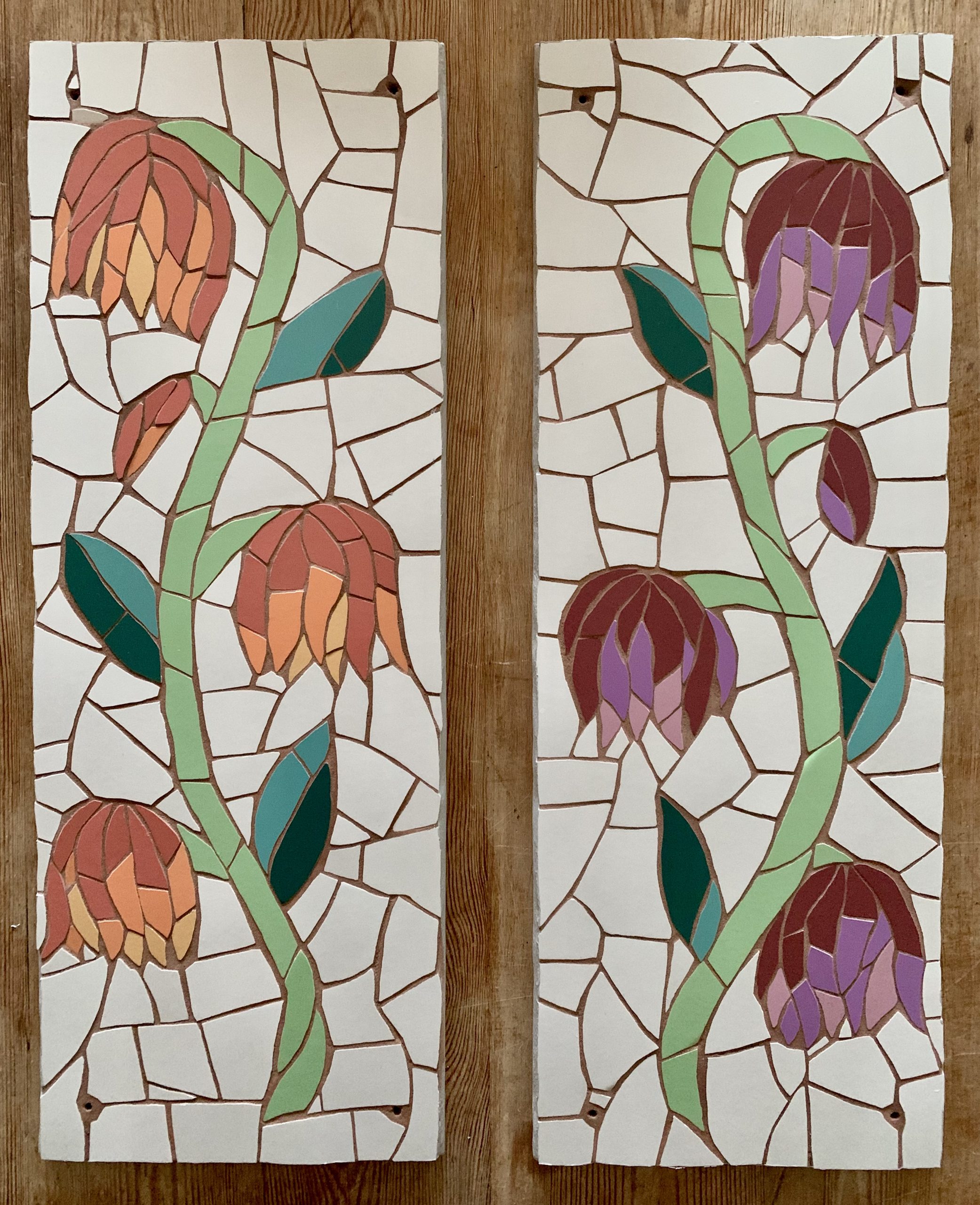 My latest commission is two exterior mosaic flower panels.